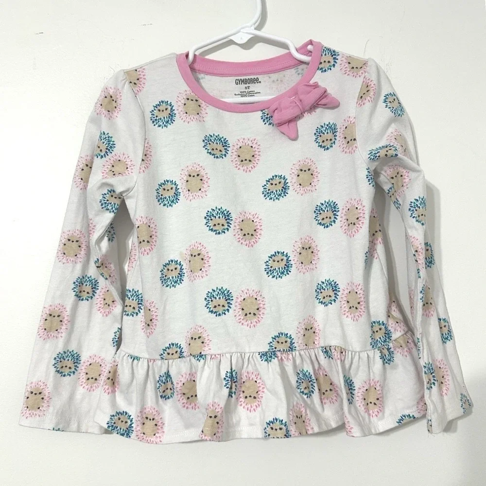 Gymboree Toddler Girl 5T Hedgehog Print Long Sleeve Peplum Top Pink White Cotton